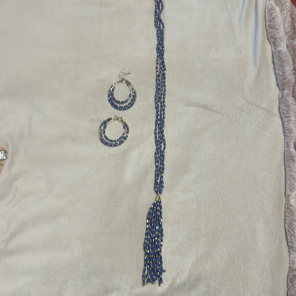 Dazzling Blue & Gold Beaded Necklace with tassel & matching hoop earrings